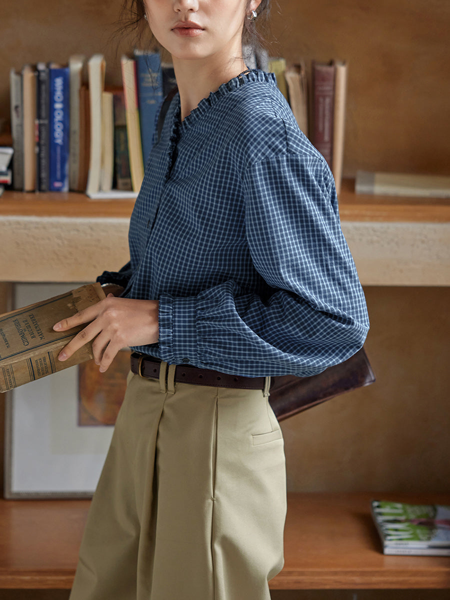 Plus Size Women Spring Plaid V-Neck 100%Cotton Shirt