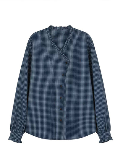 Plus Size Women Spring Plaid V-Neck 100%Cotton Shirt