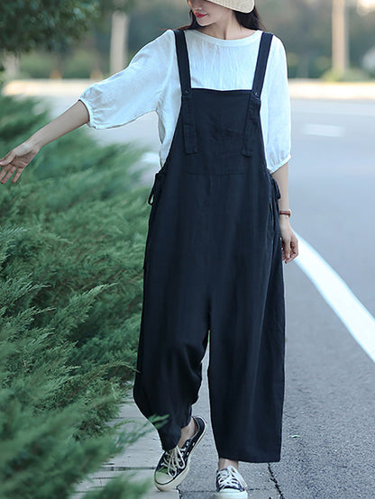 Plus Size Women Summer Casual Pure Color Loose Jumpsuits
