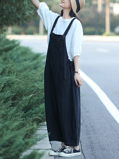 Plus Size Women Summer Casual Pure Color Loose Jumpsuits