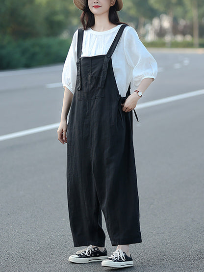 Plus Size Women Summer Casual Pure Color Loose Jumpsuits