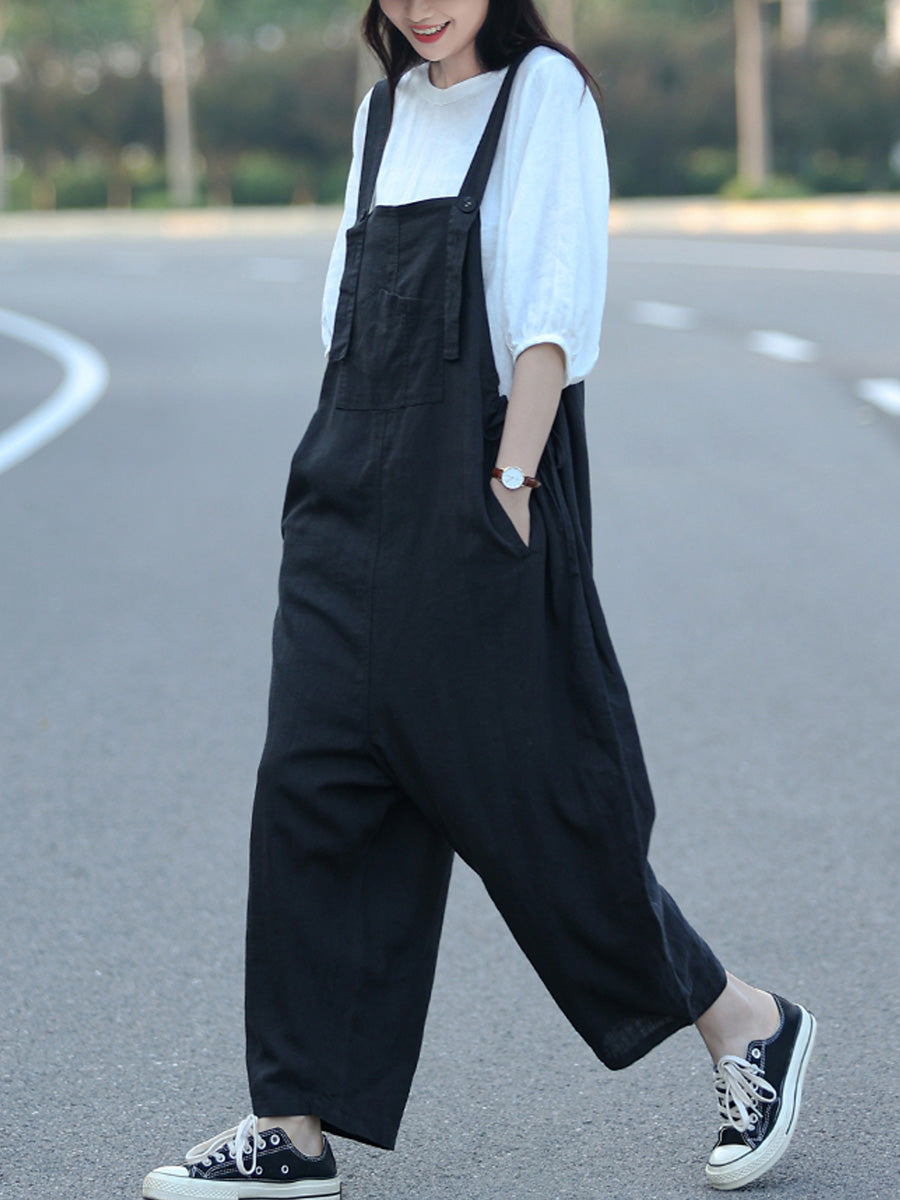 Plus Size Women Summer Casual Pure Color Loose Jumpsuits