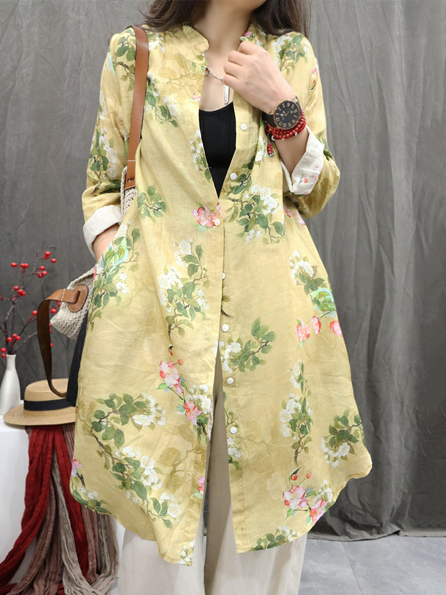 Plus Size Women Vintage Flower Stand Collar 100%Linen Long Shirt