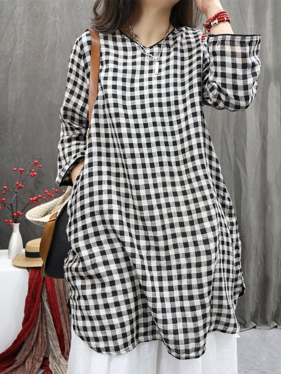 Plus Size Women Vintage Plaid O-Neck 100%Linen Long Shirt