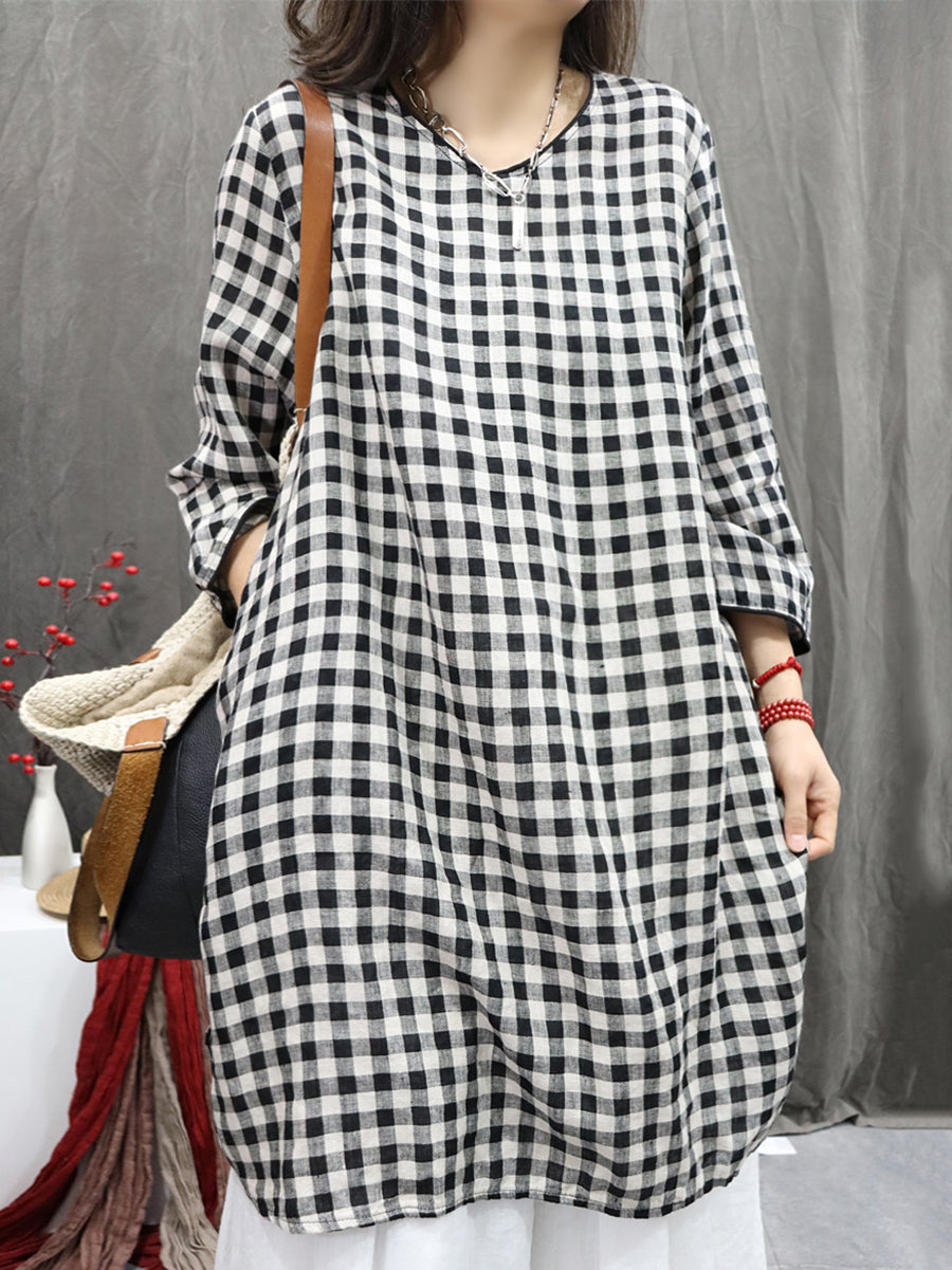 Plus Size Women Vintage Plaid O-Neck 100%Linen Long Shirt