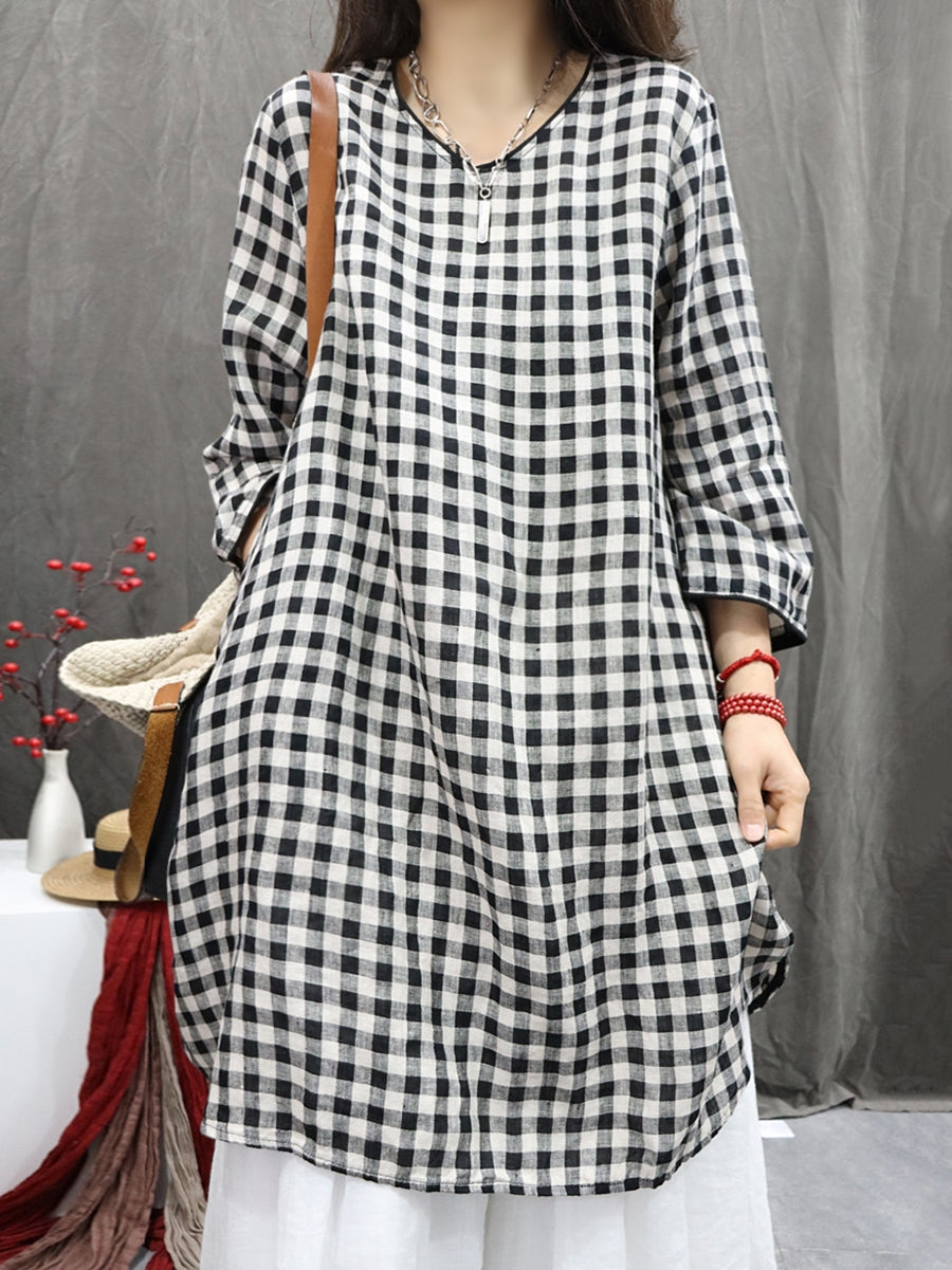 Plus Size Women Vintage Plaid O-Neck 100%Linen Long Shirt