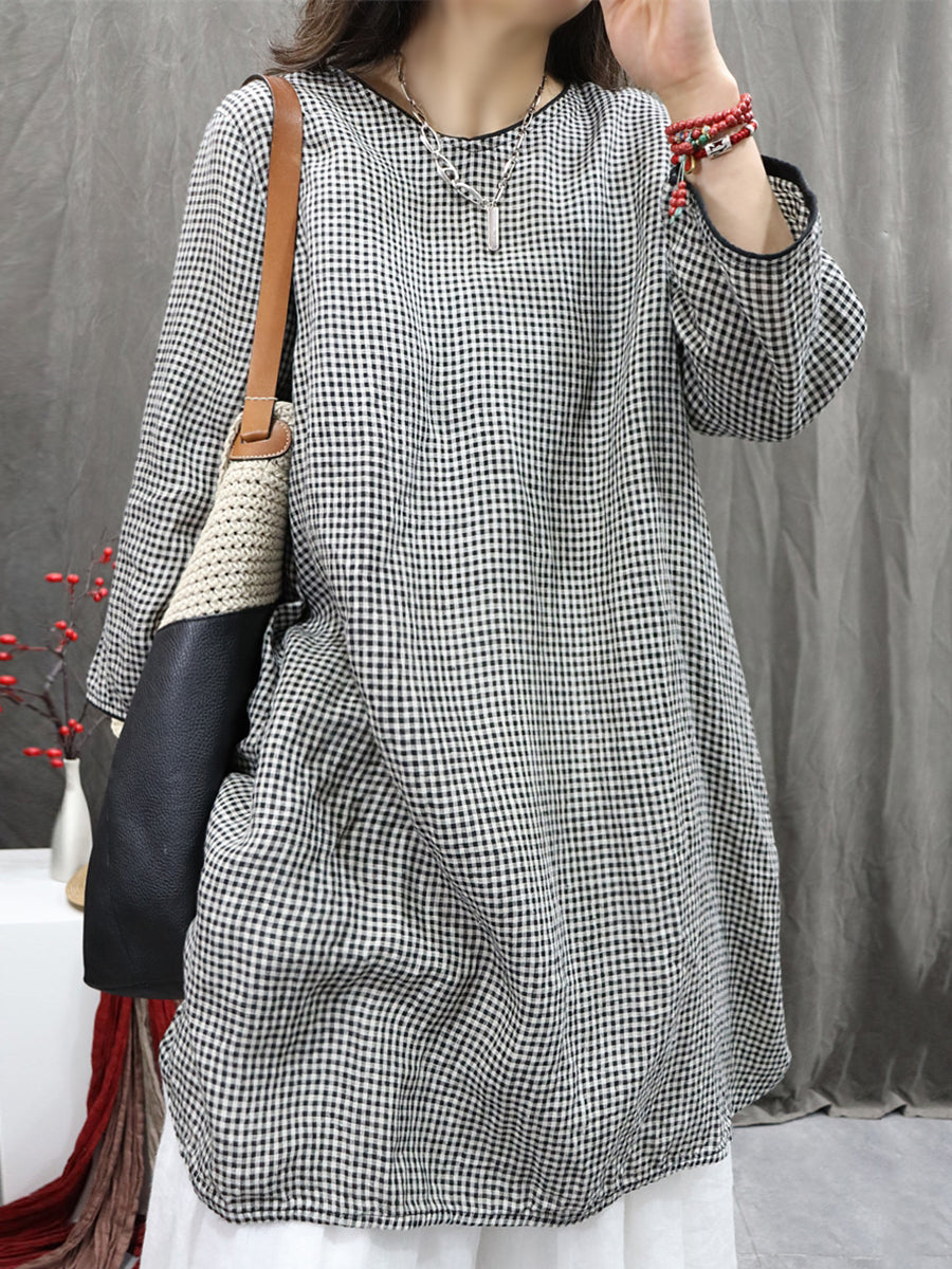 Plus Size Women Vintage Plaid O-Neck 100%Linen Long Shirt