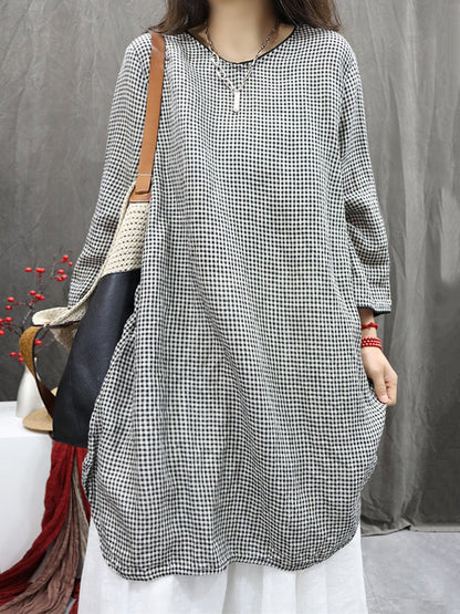 Plus Size Women Vintage Plaid O-Neck 100%Linen Long Shirt