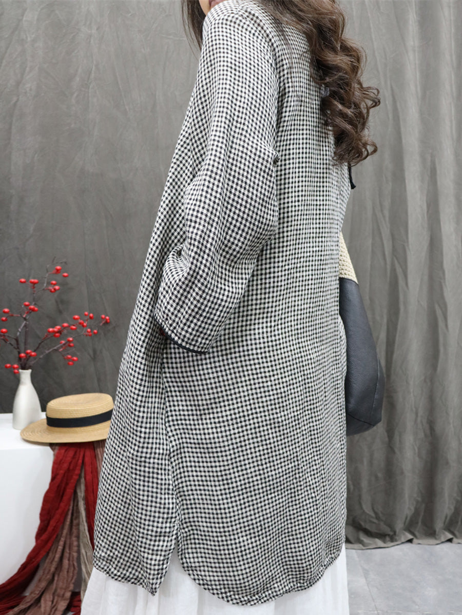 Plus Size Women Vintage Plaid O-Neck 100%Linen Long Shirt