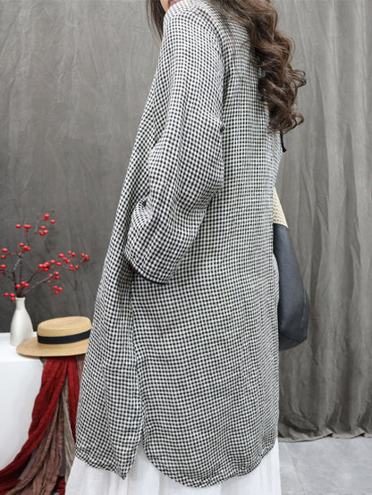 Plus Size Women Vintage Plaid O-Neck 100%Linen Long Shirt
