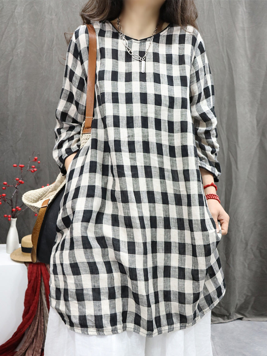 Plus Size Women Vintage Plaid O-Neck 100%Linen Long Shirt