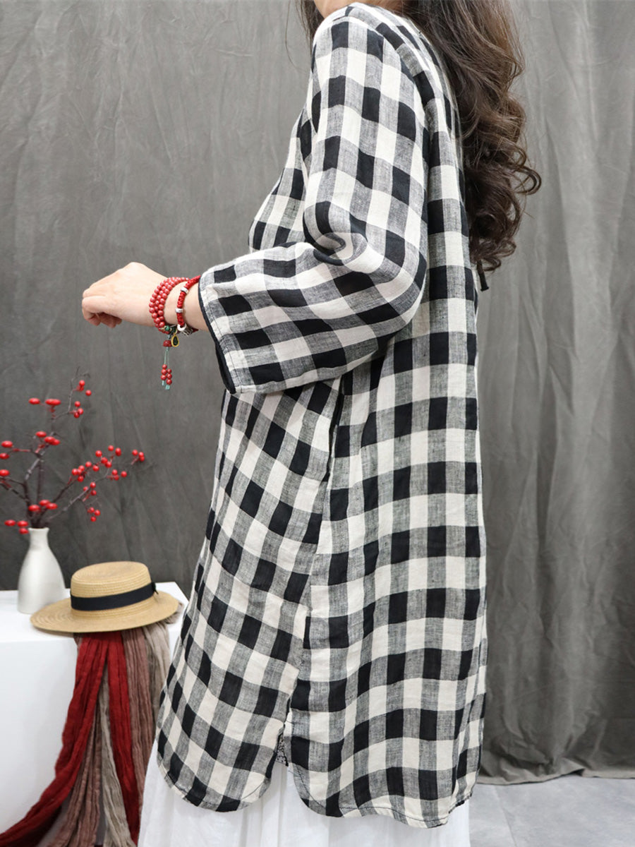 Plus Size Women Vintage Plaid O-Neck 100%Linen Long Shirt