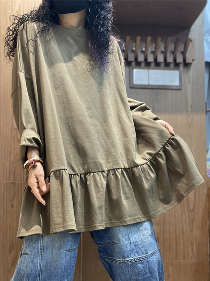 Plus Size Women Spring Pure Color Ruffles Hem Cotton Shirt