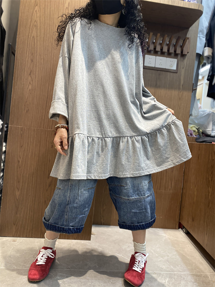 Plus Size Women Spring Pure Color Ruffles Hem Cotton Shirt