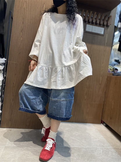 Plus Size Women Spring Pure Color Ruffles Hem Cotton Shirt