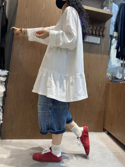 Plus Size Women Spring Pure Color Ruffles Hem Cotton Shirt