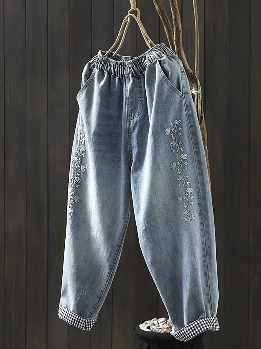Women Spring Retro Flower Embroidery Denim Harem Pants