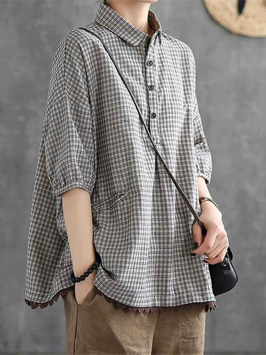 Plus Size Women Summer Vintage Plaid Turn-down Collar Shirt