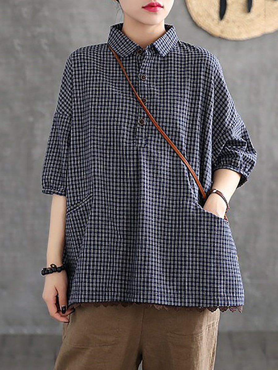 Plus Size Women Summer Vintage Plaid Turn-down Collar Shirt