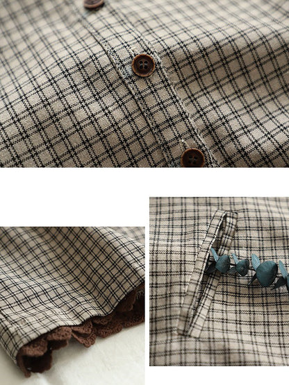 Plus Size Women Summer Vintage Plaid Turn-down Collar Shirt