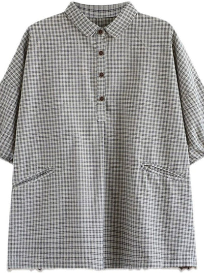Plus Size Women Summer Vintage Plaid Turn-down Collar Shirt