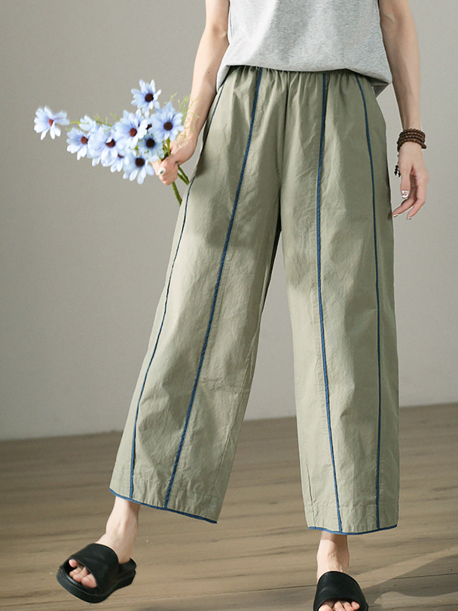 Plus Size Women Casual Colorblock 100%Cotton Wide-leg Pants