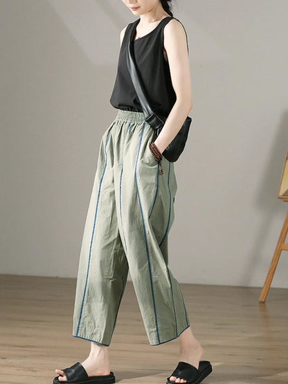 Plus Size Women Casual Colorblock 100%Cotton Wide-leg Pants