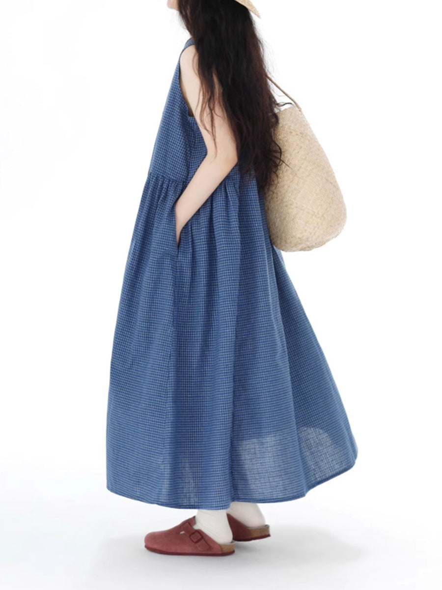 Plus Size Women Summer Artsy Plaid Loose Vest Dress