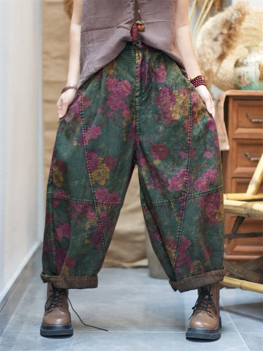 Plus Size Women Spring Retro Flower Cotton Harem Pants