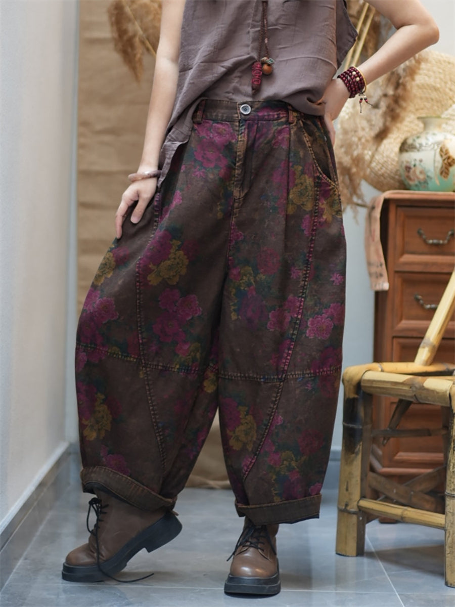 Plus Size Women Spring Retro Flower Cotton Harem Pants
