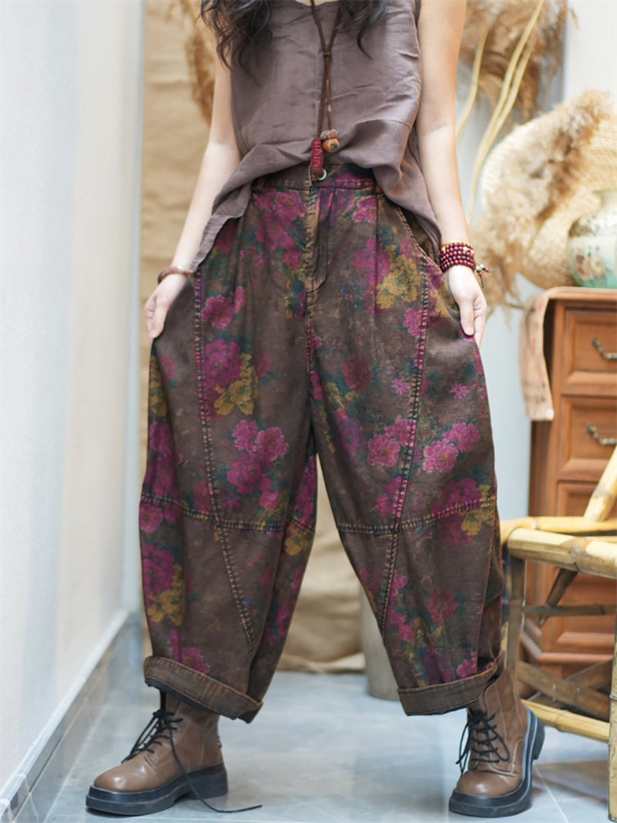 Plus Size Women Spring Retro Flower Cotton Harem Pants