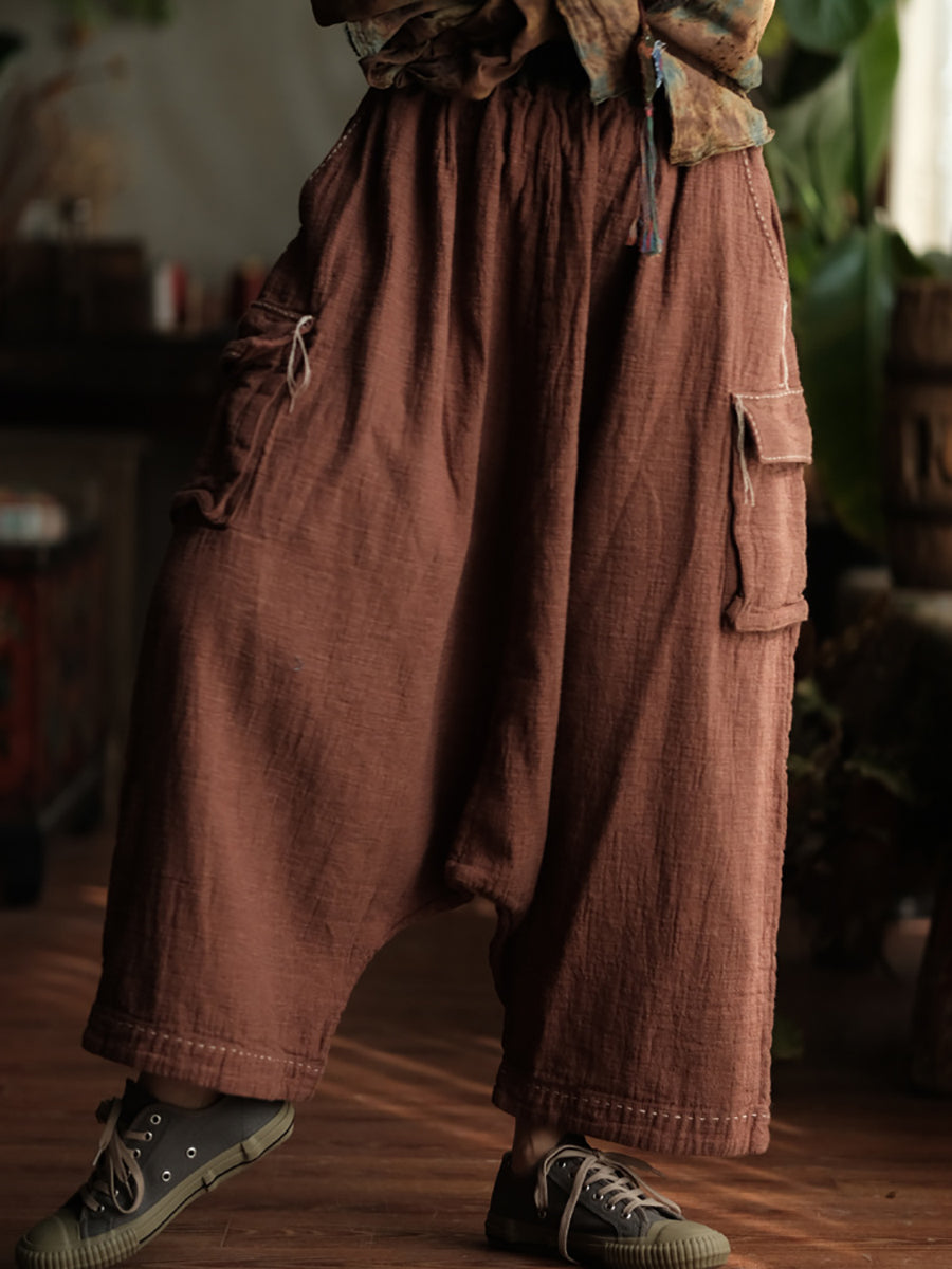 Women Spring Retro Pure Color Cotton Stitching Wide-leg Pants