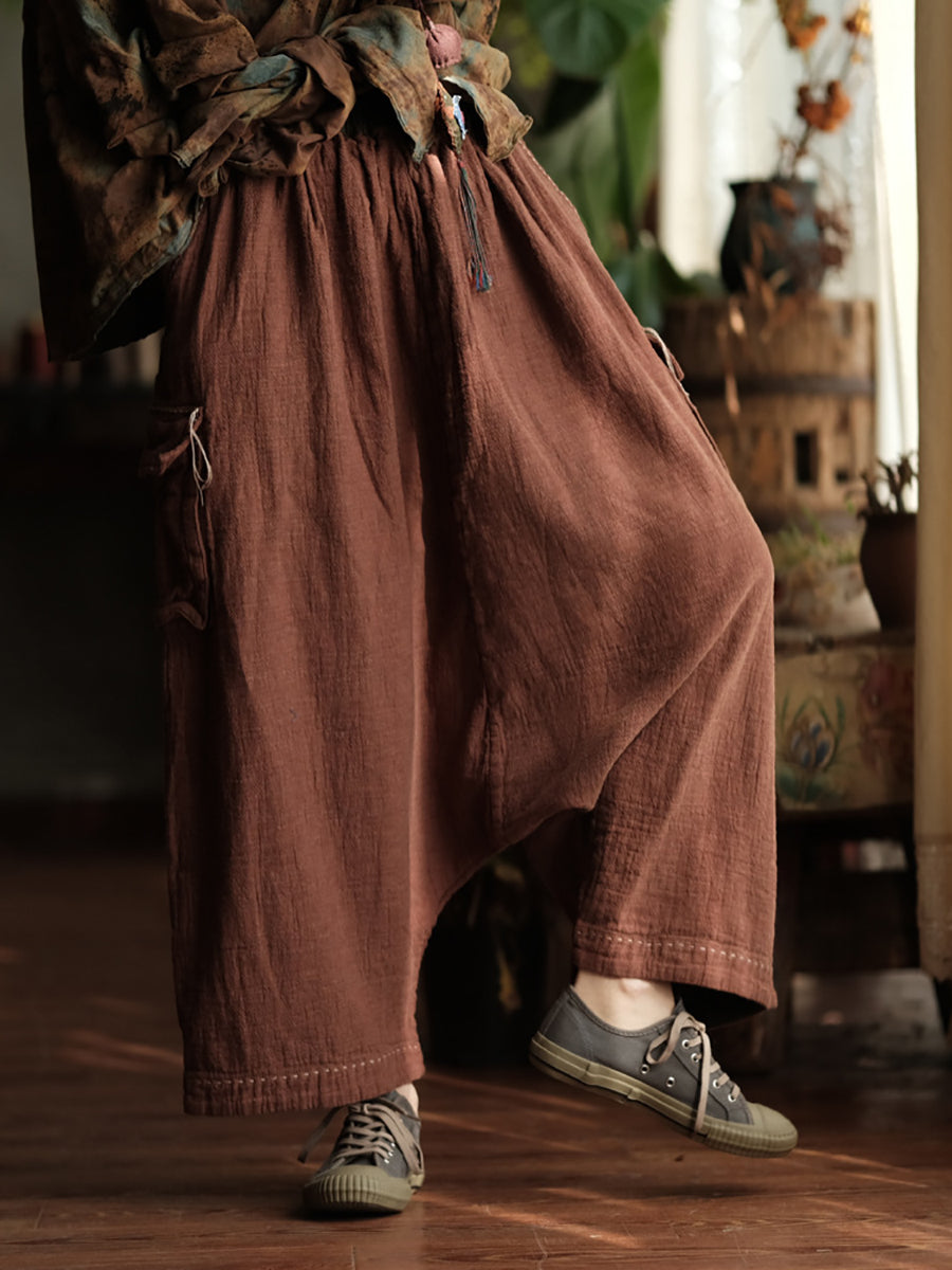 Women Spring Retro Pure Color Cotton Stitching Wide-leg Pants