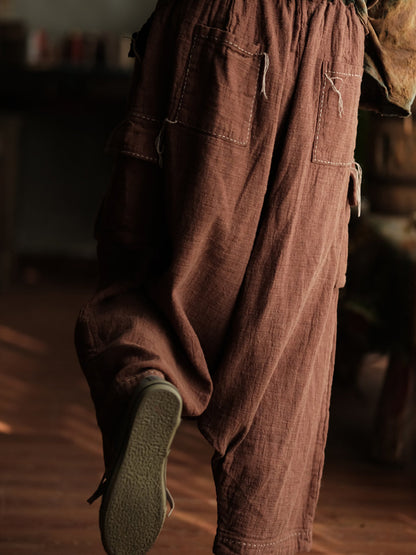 Women Spring Retro Pure Color Cotton Stitching Wide-leg Pants