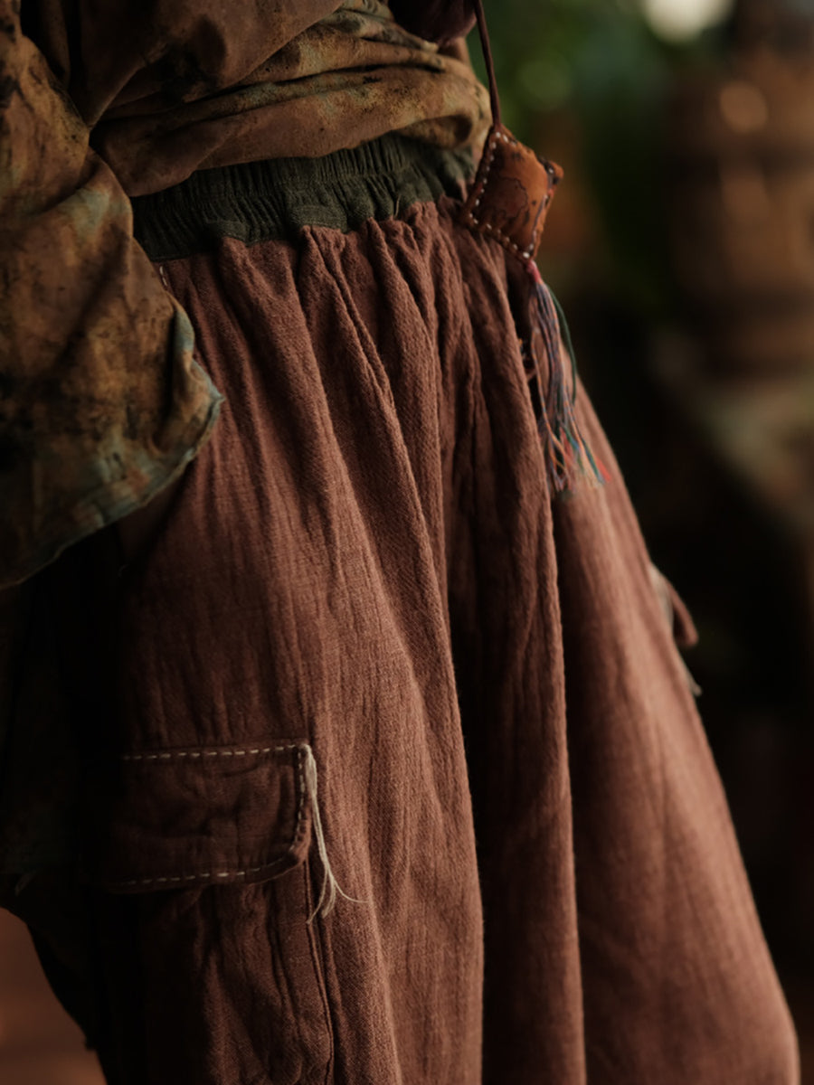 Women Spring Retro Pure Color Cotton Stitching Wide-leg Pants