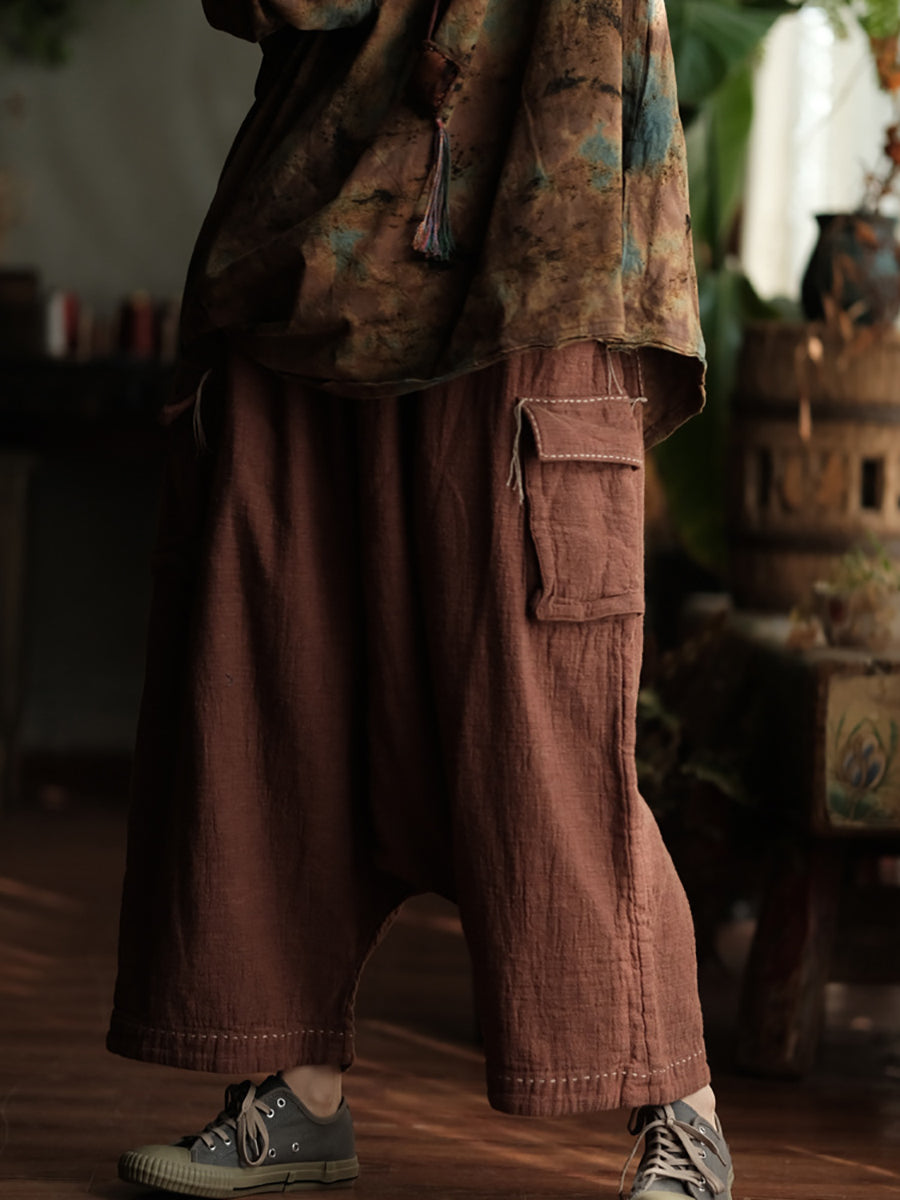 Women Spring Retro Pure Color Cotton Stitching Wide-leg Pants