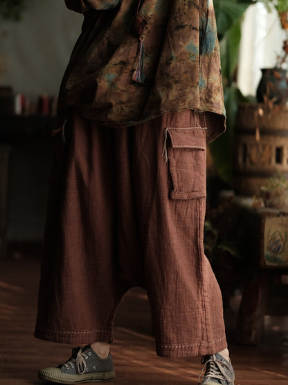 Women Spring Retro Pure Color Cotton Stitching Wide-leg Pants