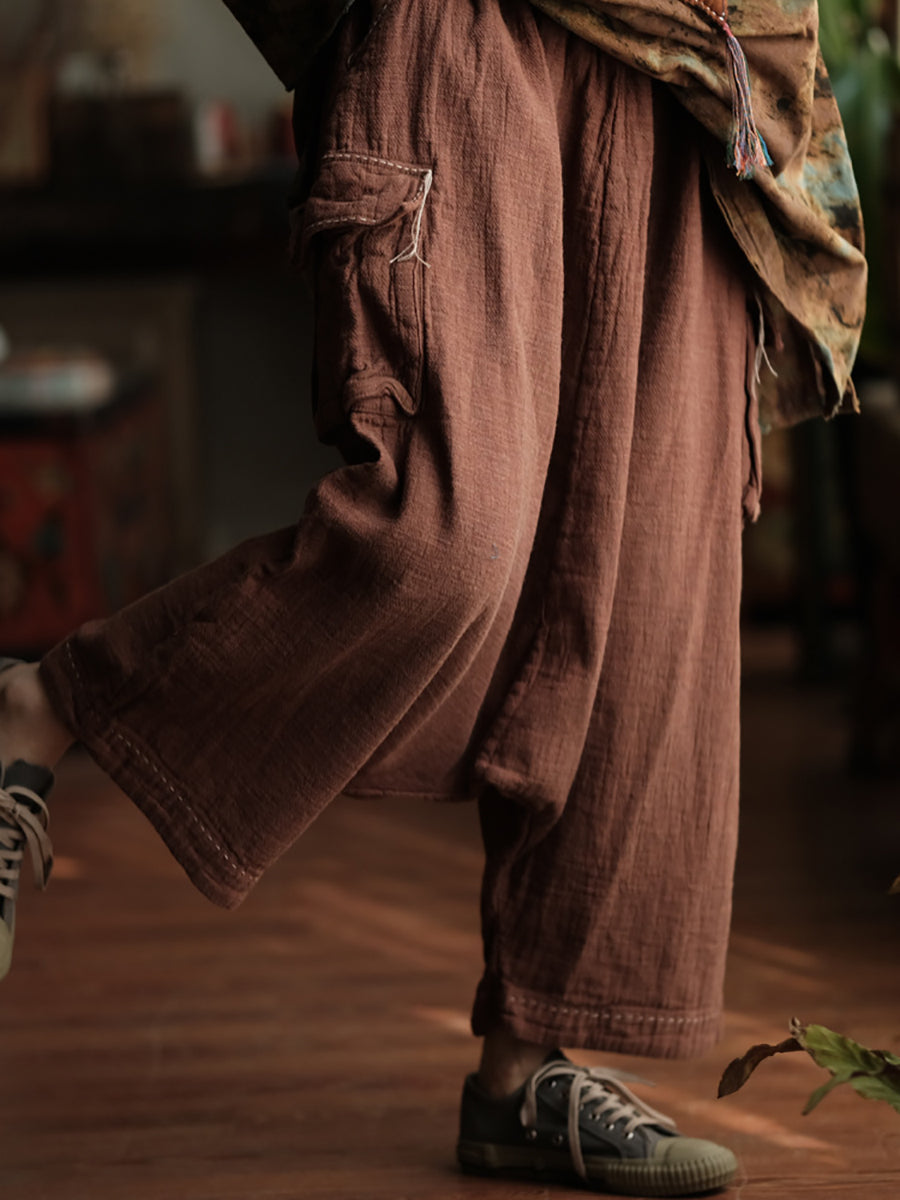 Women Spring Retro Pure Color Cotton Stitching Wide-leg Pants