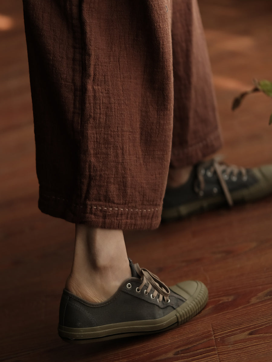 Women Spring Retro Pure Color Cotton Stitching Wide-leg Pants