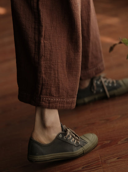 Women Spring Retro Pure Color Cotton Stitching Wide-leg Pants