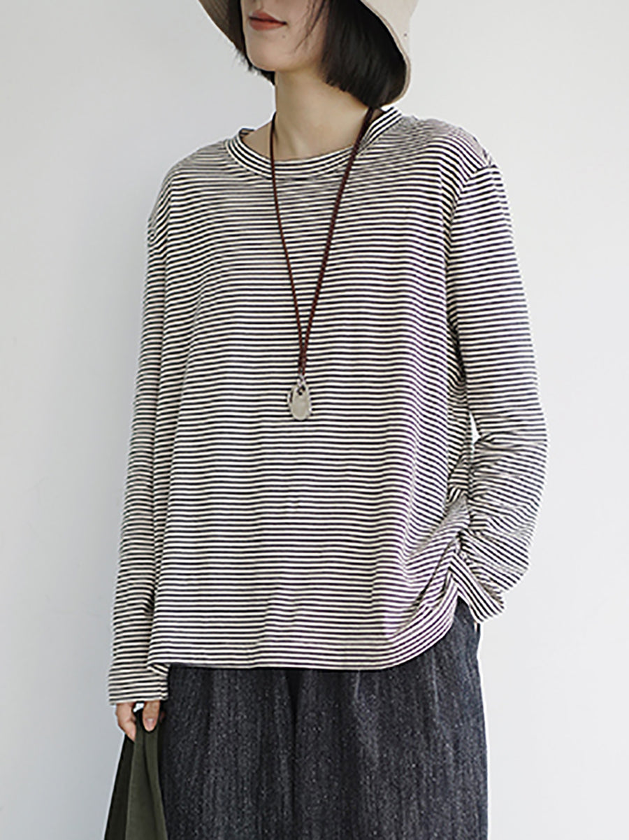 Plus Size Women Spring Casual Stripe O-Neck Cotton Shirt