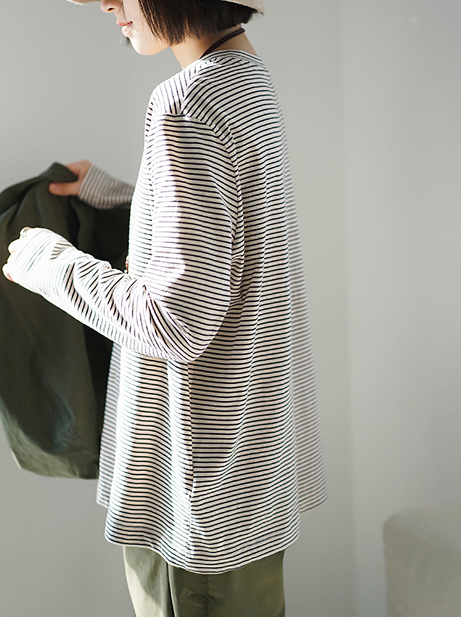 Plus Size Women Spring Casual Stripe O-Neck Cotton Shirt