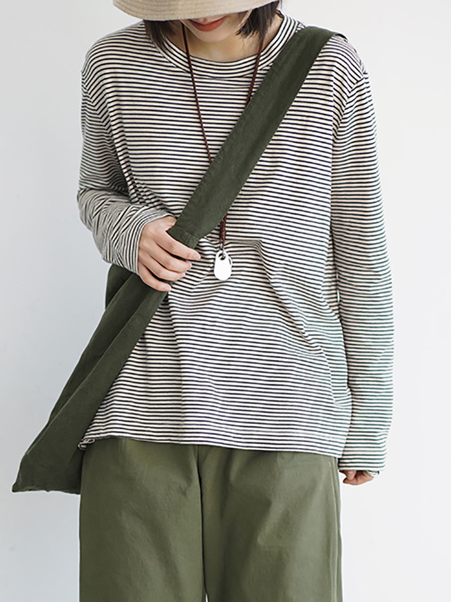 Plus Size Women Spring Casual Stripe O-Neck Cotton Shirt