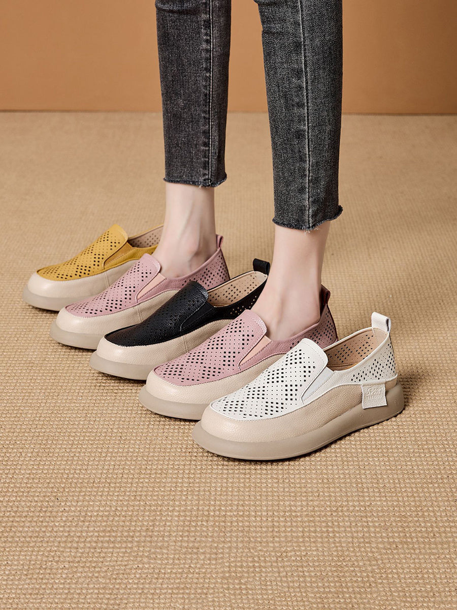 Women Summer Casual Hollow Out Leather Flat Shoes