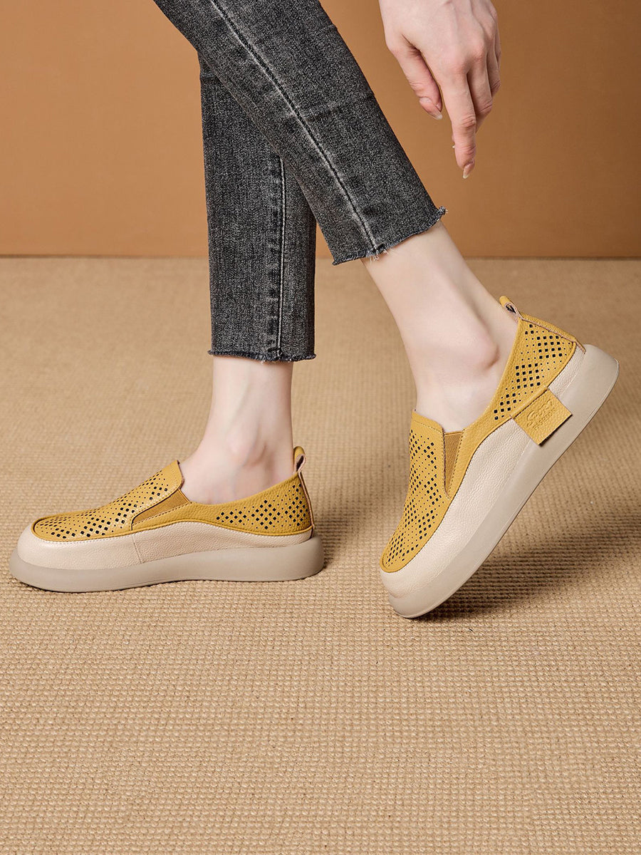 Women Summer Casual Hollow Out Leather Flat Shoes