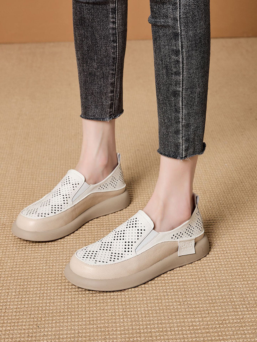 Women Summer Casual Hollow Out Leather Flat Shoes