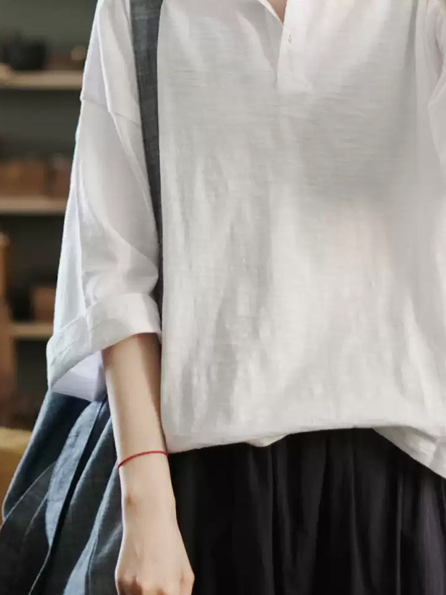 Plus Size Women Summer Casual Pure Color O-Neck 100%Cotton Shirt