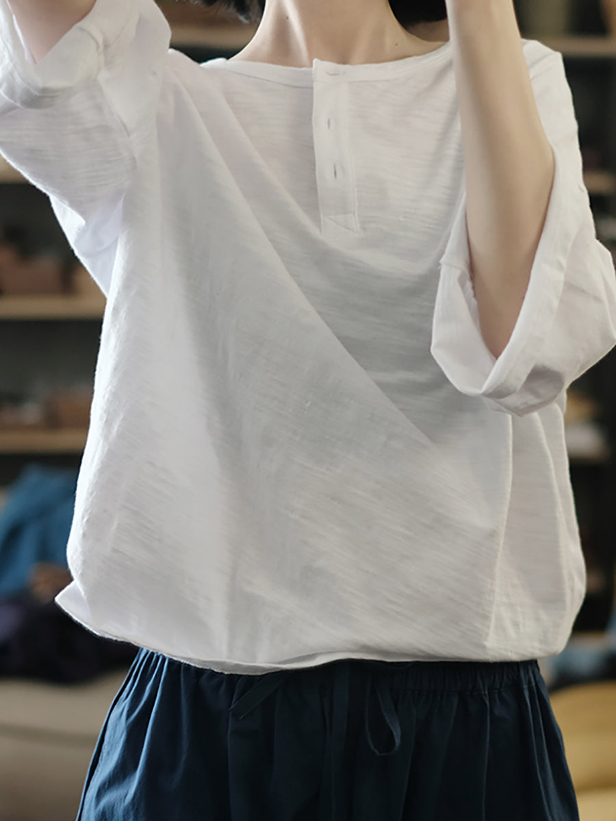 Plus Size Women Summer Casual Pure Color O-Neck 100%Cotton Shirt