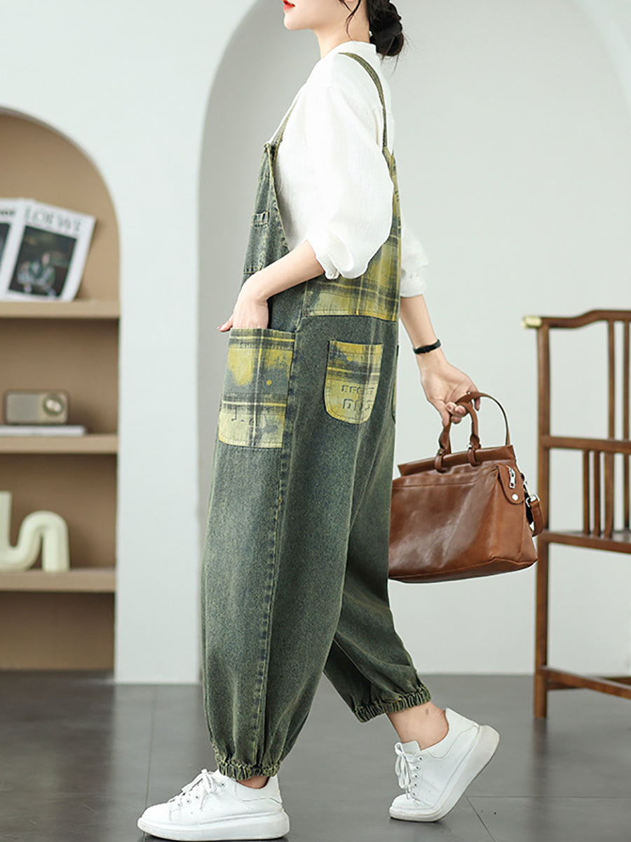 Women Summer Casual Plaid Spliced Denim Jumpsuits