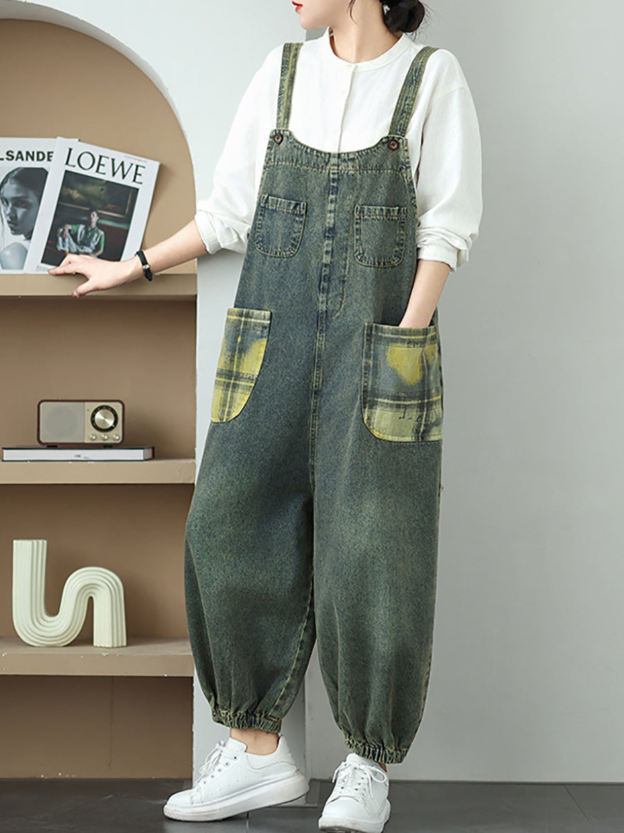 Women Summer Casual Plaid Spliced Denim Jumpsuits